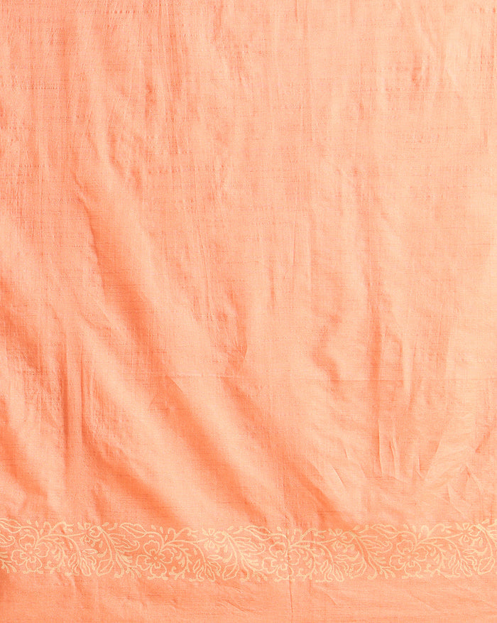 Peach Katan silk suit set hand block printed in a checkered grid of light blue and white polka dot panels alternating with fern leaf motifs, edged with a decorative band.