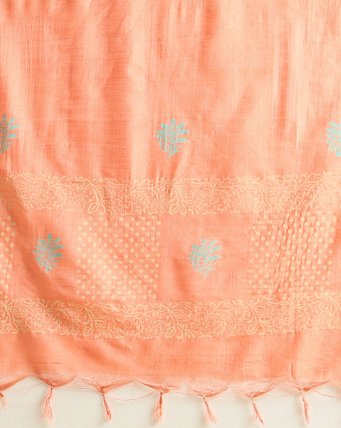 Peach Katan silk suit set hand block printed in a checkered grid of light blue and white polka dot panels alternating with fern leaf motifs, edged with a decorative band.