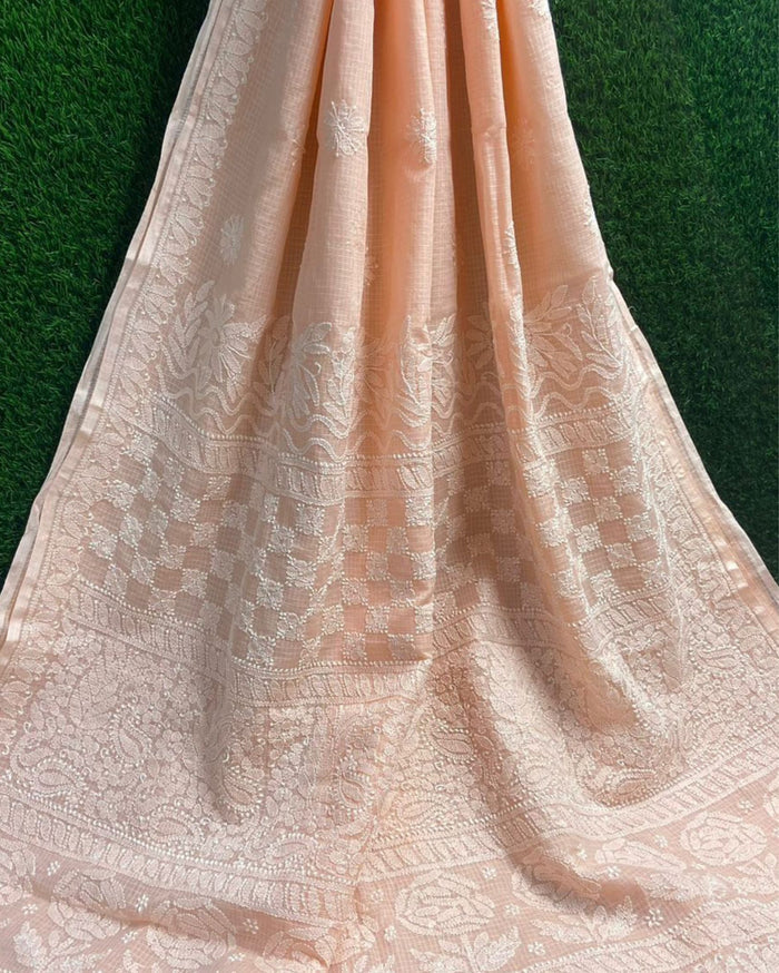 Kota Doria Saree Pastel Peach Color Chikankari work without blouse - IndieHaat