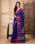 Indiehaat | Cotton Silk Blue Saree Handloom Mina Work