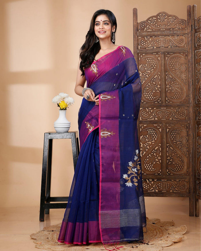 Indiehaat | Cotton Silk Blue Saree Handloom Mina Work