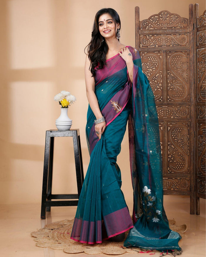Indiehaat | Cotton Silk Green Saree Handloom Mina Work