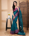 Indiehaat | Cotton Silk Green Saree Handloom Mina Work
