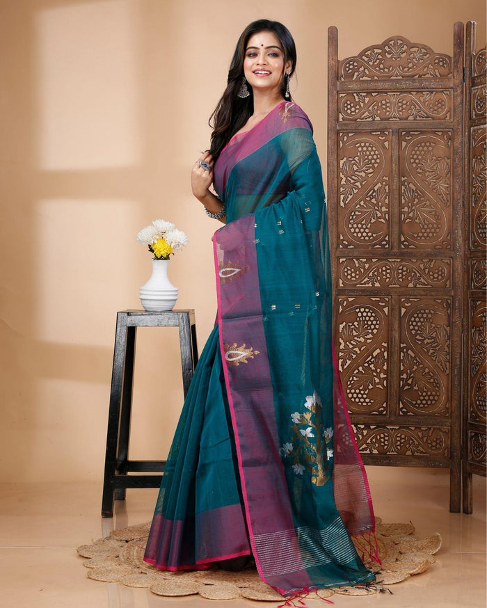 Indiehaat | Cotton Silk Green Saree Handloom Mina Work