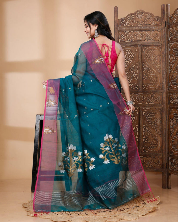 Indiehaat | Cotton Silk Green Saree Handloom Mina Work
