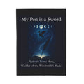 Book cover with dragon, moon phases, and 'My Pen is a Sword' text on a dark background