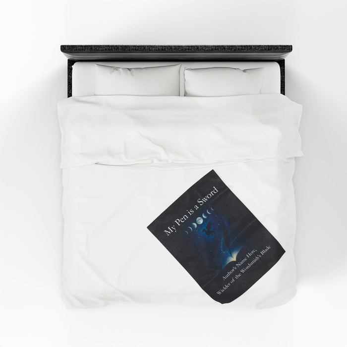 White bedding set with a book titled 'My Pen is a Sword' on a white background