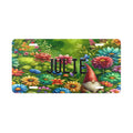 Personalized Gnome Vanity Custom Front License Plate with gnome in a field of flowers n red, blue, teal, and orange. The license plate has your name in black using the same license plate font found on regular state plates.