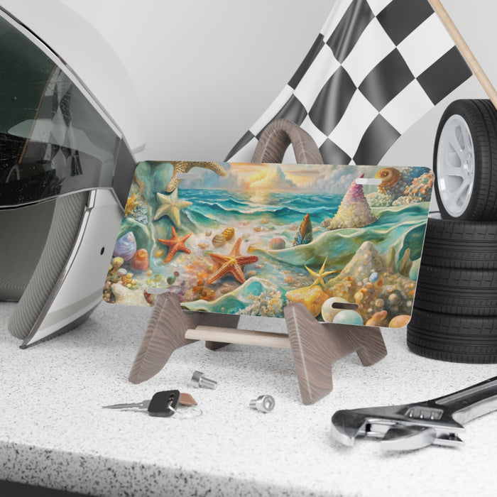 Car dashboard with a colorful beach scene cover, helmet, tools, and tires.