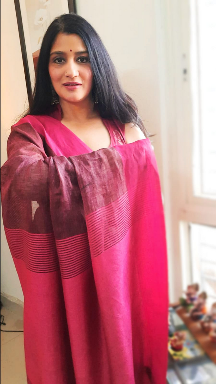 Handwoven Pure Linen Saree Purple Color with Blouse-Indiehaat