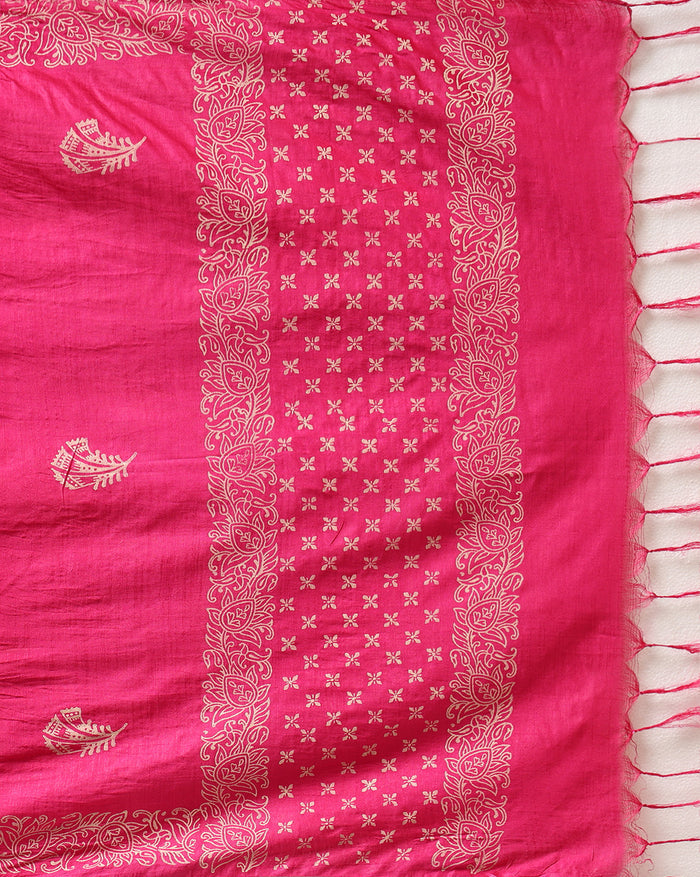 Magenta pink Katan silk suit set hand block printed with an all-over off-white cross motif, with floral scroll borders and fringed ends on the dupatta.