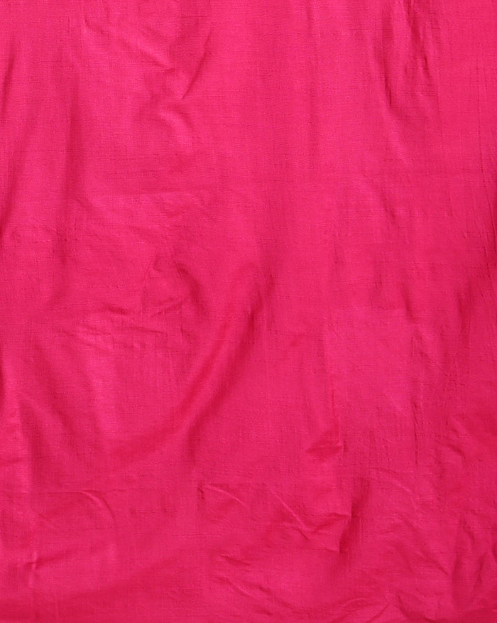 Magenta pink Katan silk suit set hand block printed with an all-over off-white cross motif, with floral scroll borders and fringed ends on the dupatta.