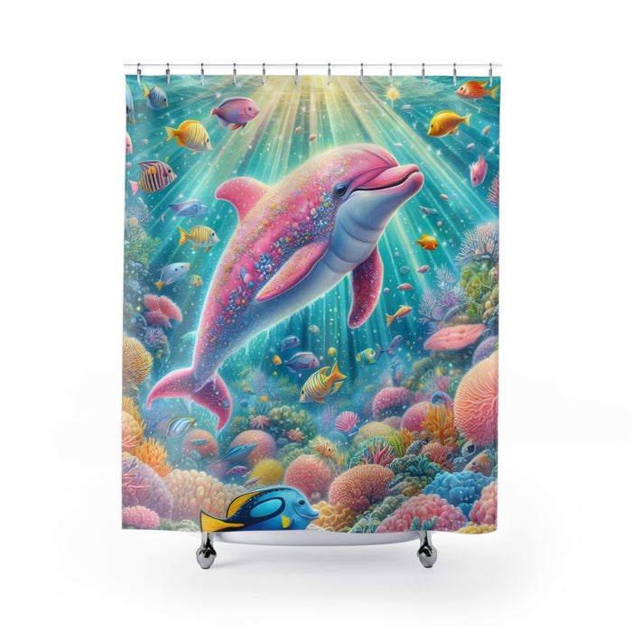 Pink Dolphin Shower Curtain | Tropical Ocean Coastal Beach Bathroom Decor