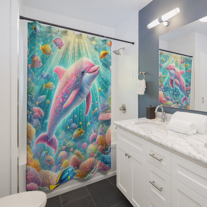 Pink Dolphin Shower Curtain | Tropical Ocean Coastal Beach Bathroom Decor