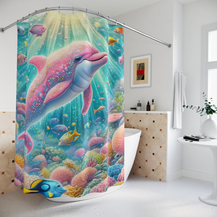 Pink Dolphin Shower Curtain | Tropical Ocean Coastal Beach Bathroom Decor