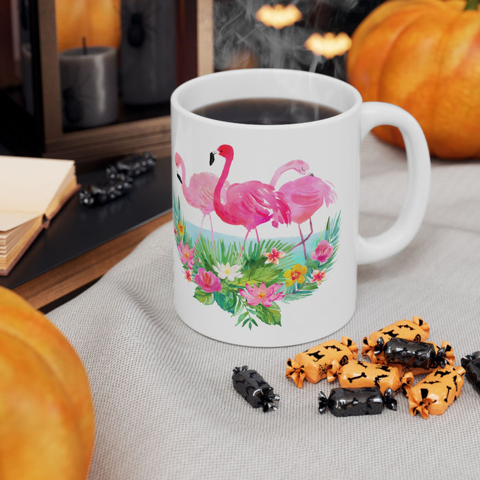 Pink Flamingo Coffee Mug Tropical Flowers Ceramic Cup, 11oz/15oz Dishwasher Safe