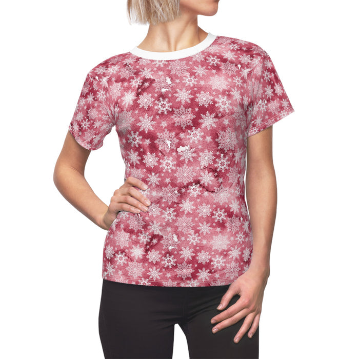 Pink Snowflakes Women's Cut & Sew Tee (AOP) Casual Shirt for Women