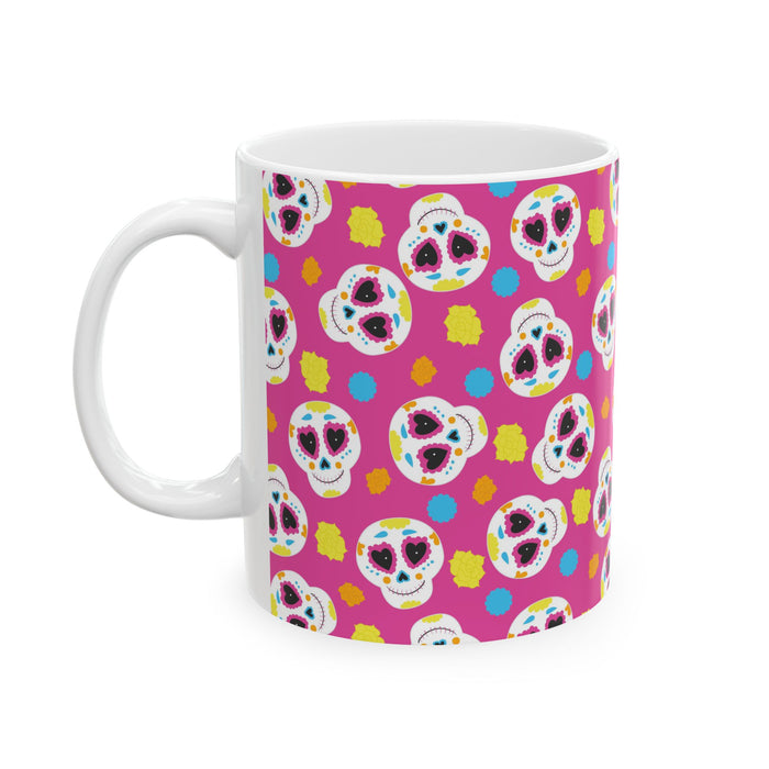 Pink Sugar Skull Day of the Dead White Ceramic Mug