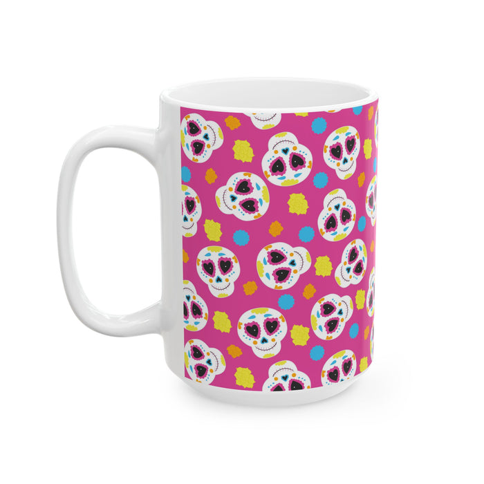 Pink Sugar Skull Day of the Dead White Ceramic Mug