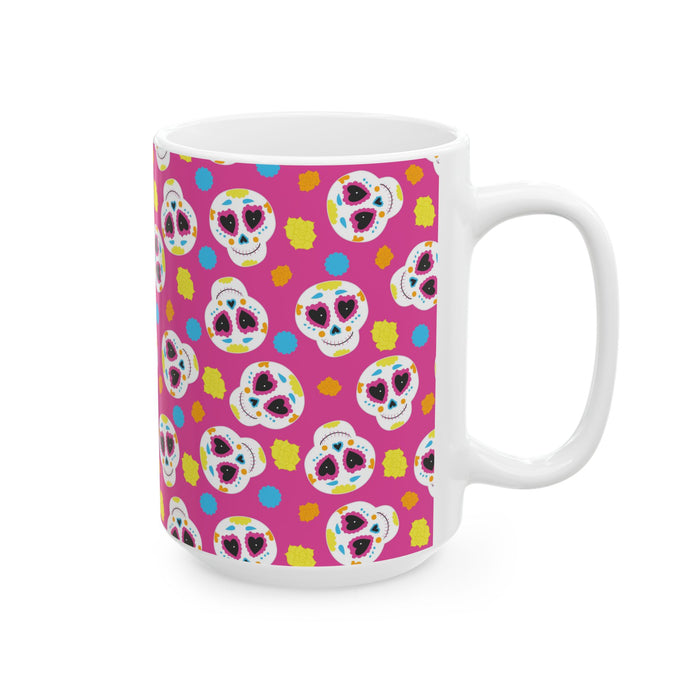 Pink Sugar Skull Day of the Dead White Ceramic Mug