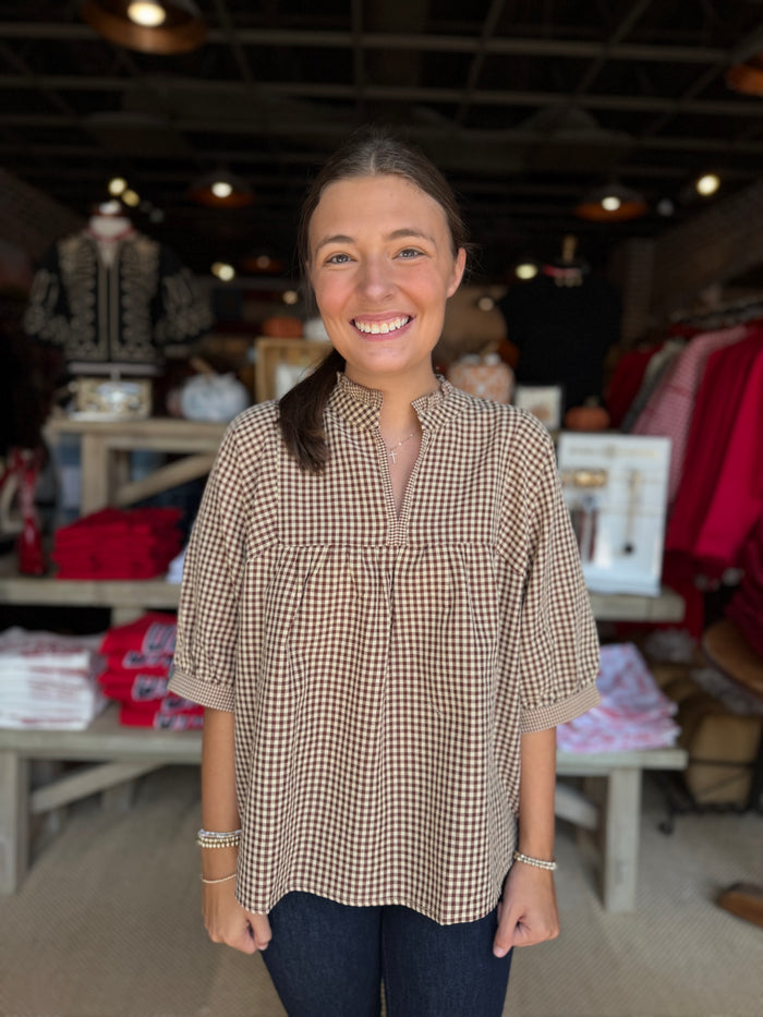Plaid Mock Neck Blouse Chocolate/Taupe