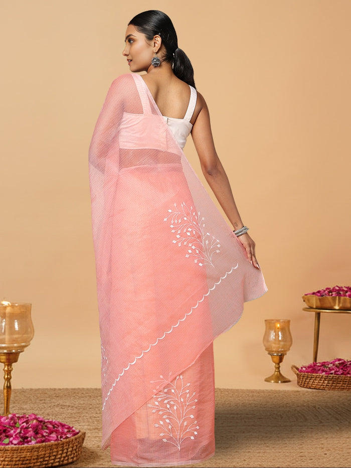 Playful Kota Doria Cotton Bel Embroidery Pink Saree Handdyed