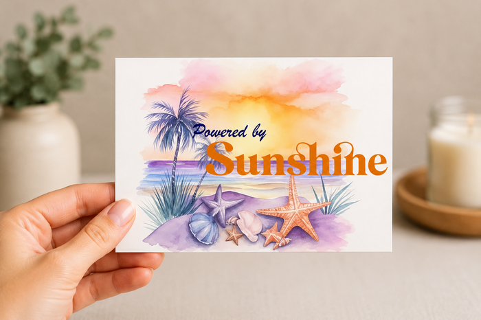 Powered by Sunshine Blank Notecard Set | Coastal Beach Stationery with Envelopes