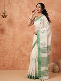 Indiehaat | Kora Silk Handloom Embroidered Saree White