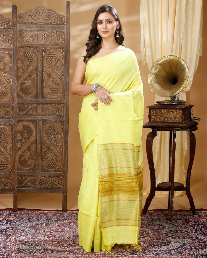 Pure Eri Silk Yellow Saree with Running Blouse-Indiehaat