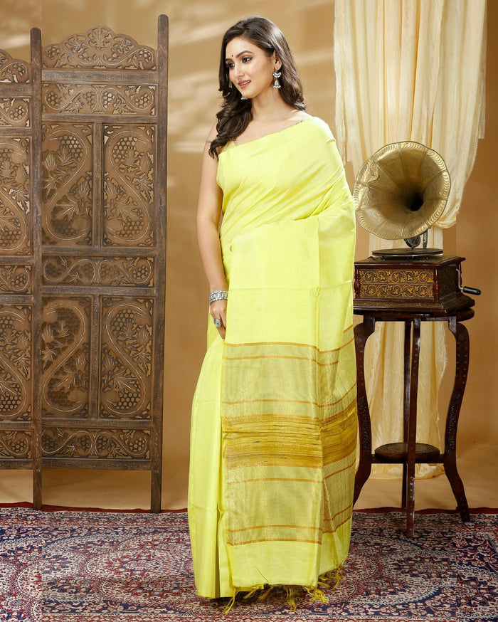 Pure Eri Silk Yellow Saree with Running Blouse-Indiehaat