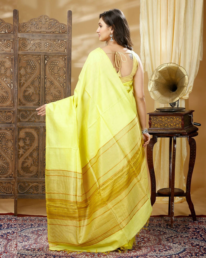Pure Eri Silk Yellow Saree with Running Blouse-Indiehaat