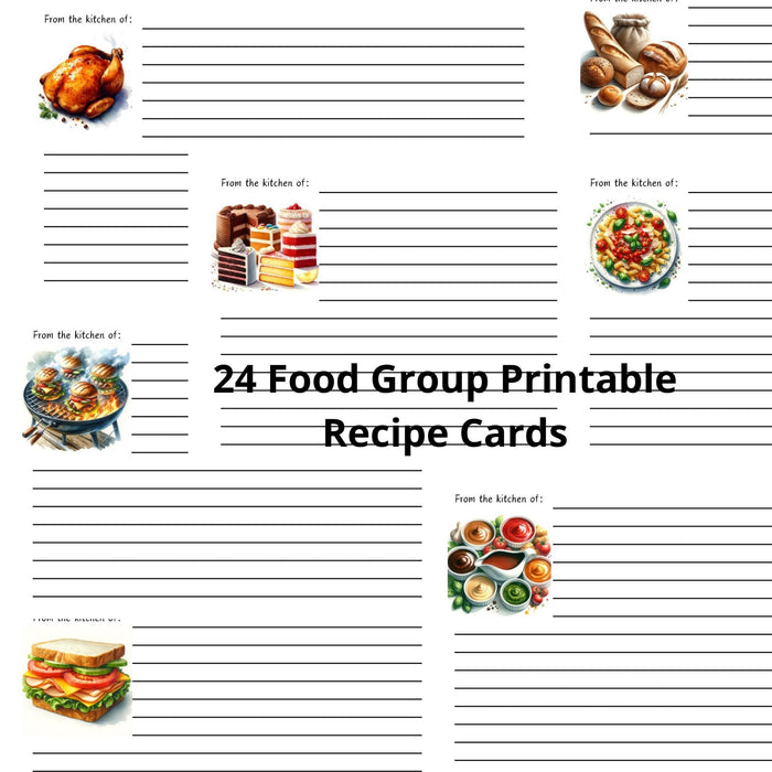Print at Home Recipe Cards, Set of 24 Food Groups, Recipe Card Set, Blank Recipe Card, Digital Printable Recipe Cards, 3x5 4x6 Recipe Cards