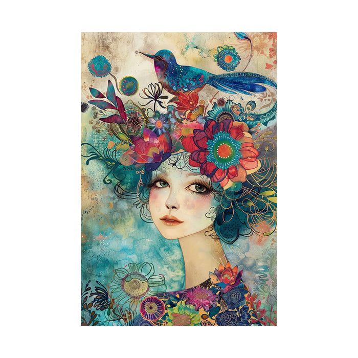 Colorful artwork of a woman with flowers and birds in her hair on a white background
