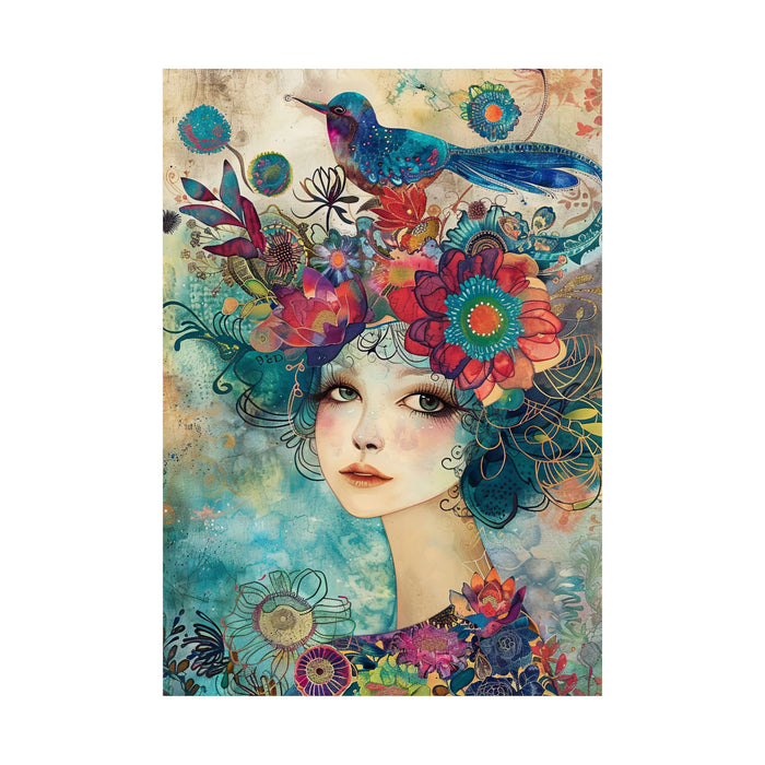 Colorful artwork of a woman with flowers and a hummingbird in her hair on a textured background.