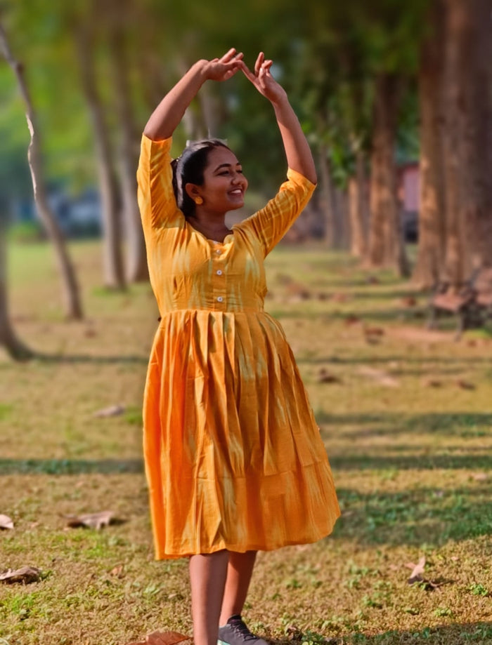 Pure Cotton Dress Ikkat Design Yellow 25% Off - IndieHaat