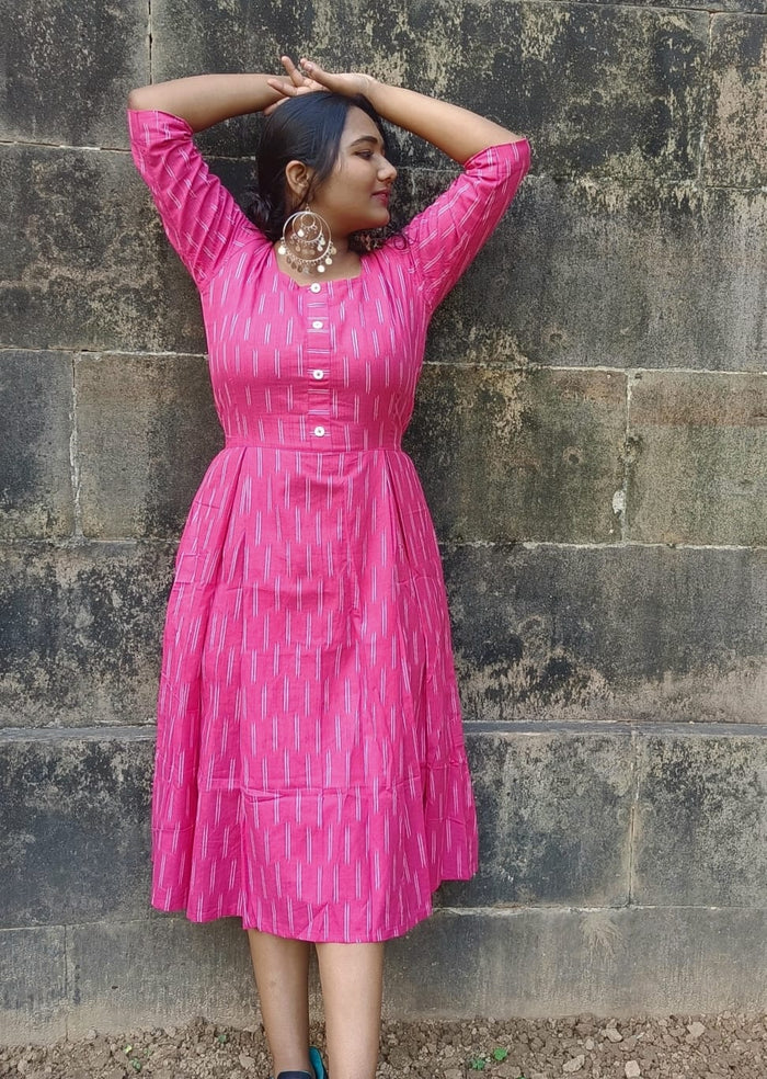 Pure Cotton Dress Ikkat Design Pink 25% Off - IndieHaat