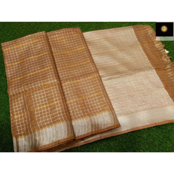 Pure Linen Check Design Handloom Brown Saree with Running Blouse-Indiehaat