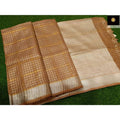 Pure Linen Check Design Handloom Brown Saree with Running Blouse-Indiehaat