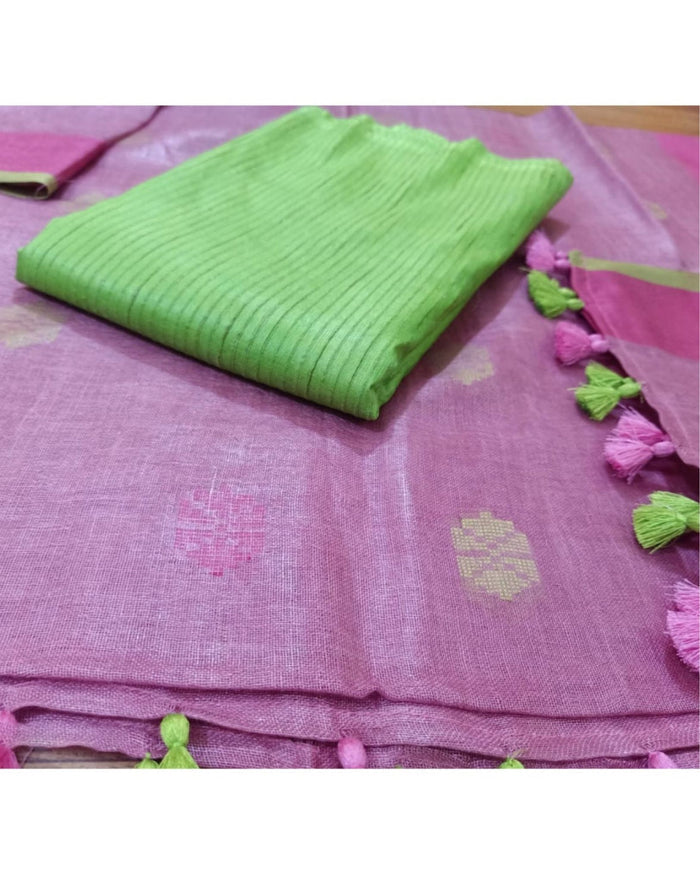 Pure Linen Dynamic Pink Dupatta & Katan Silk Green Top Set