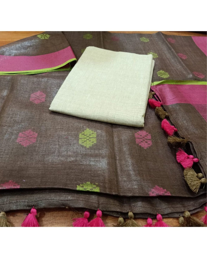 Pure Linen Gleaming Brown Dupatta & Katan Silk White Top Set