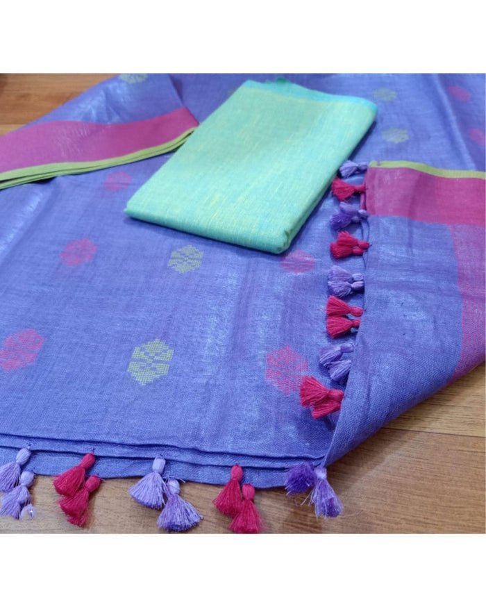 Pure Linen Glossy Purple Dupatta & Katan Silk Green Top Set