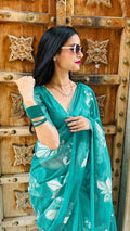 Embroidered Organza Pure Silk Sea Green Saree for Day Events | Indiehaat