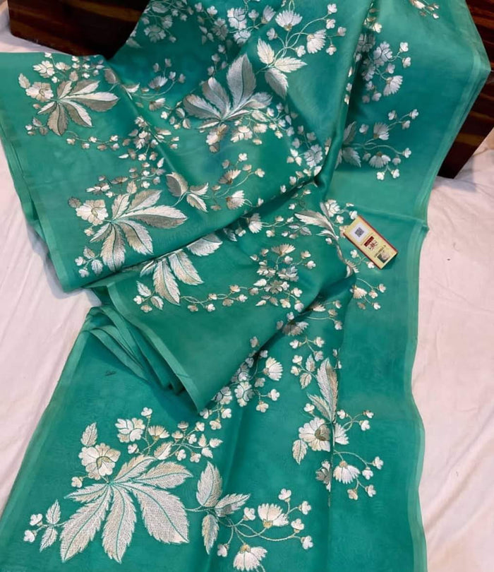 Embroidered Organza Pure Silk Sea Green Saree for Day Events | Indiehaat