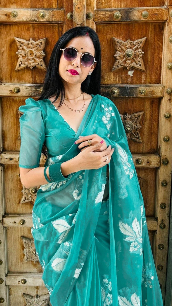 Embroidered Organza Pure Silk Sea Green Saree for Day Events | Indiehaat