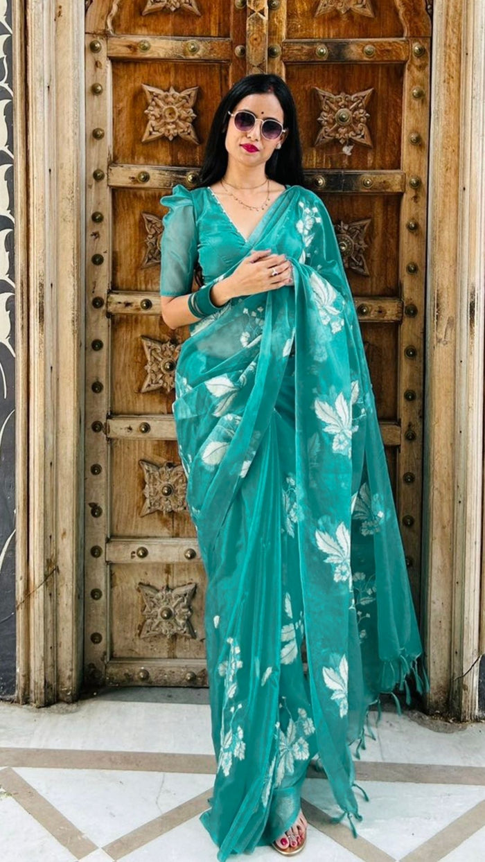 Embroidered Organza Pure Silk Sea Green Saree for Day Events | Indiehaat