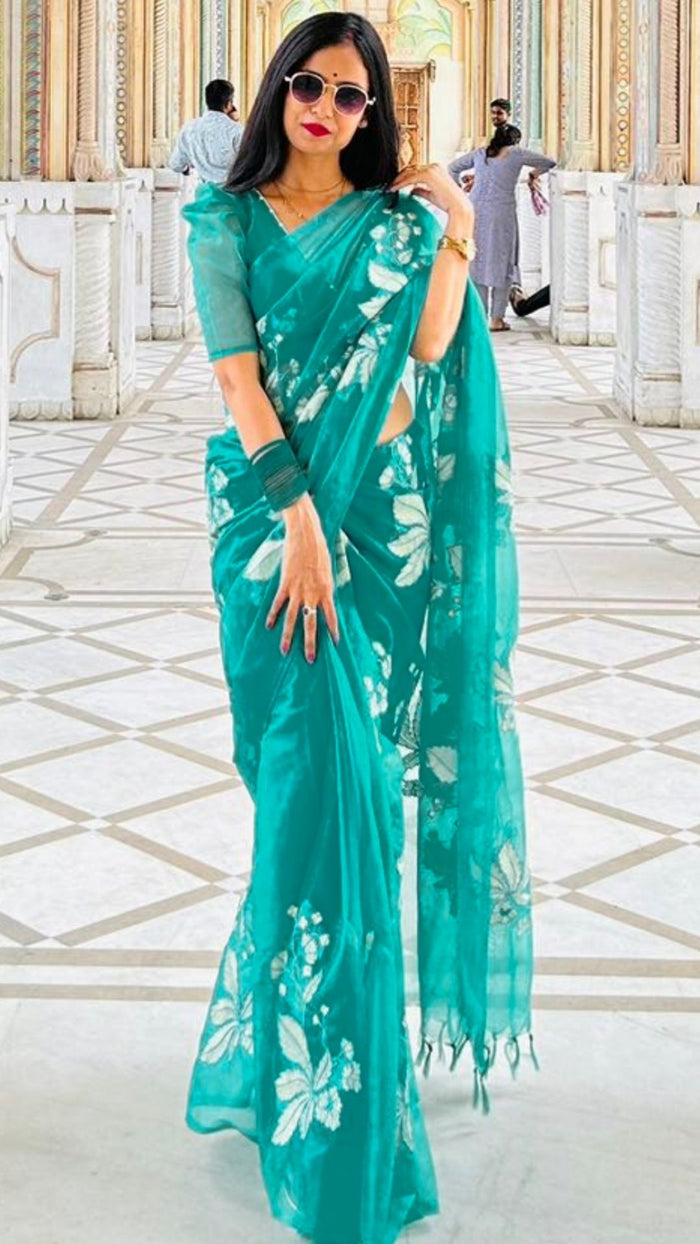 Embroidered Organza Pure Silk Sea Green Saree for Day Events | Indiehaat