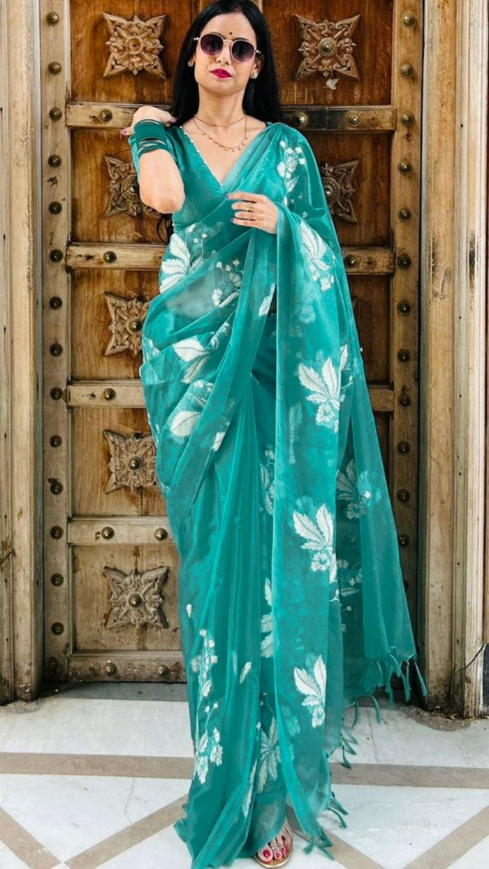 Embroidered Organza Pure Silk Sea Green Saree for Day Events | Indiehaat