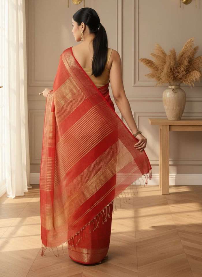 Quaint Maheshwari Tissue Silk Handwoven Saree Red