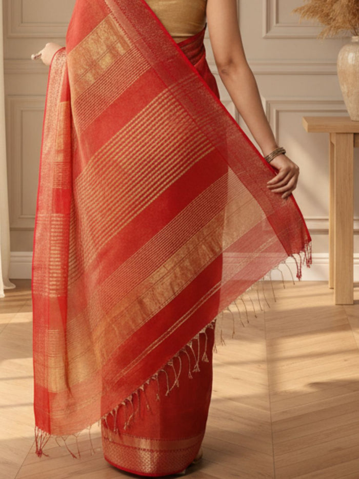 Quaint Maheshwari Tissue Silk Handwoven Saree Red