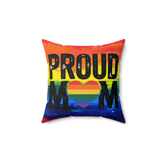 Pillow with rainbow design and 'PROUD MOM' text on a white background
